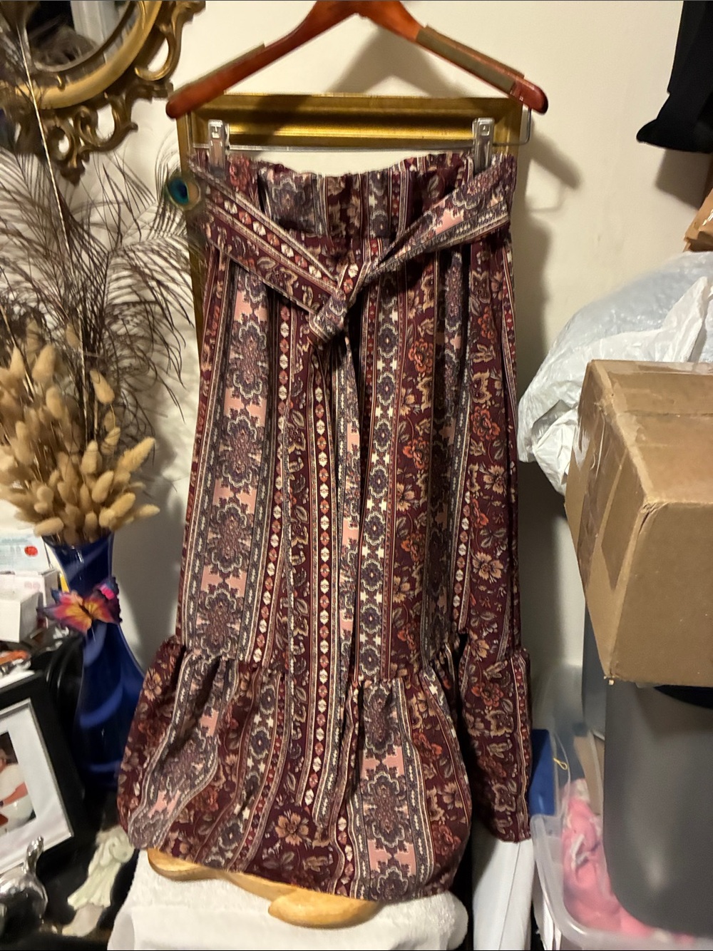 Wrapper Burgundy and Pink Printed Maxi Skirt with Self Tie